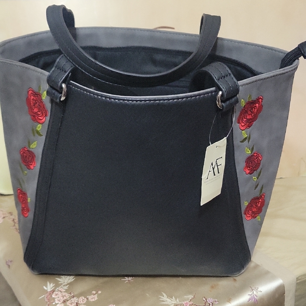 Anna Martina Franco Black and Gray Women's Bag with Red Floral Embroidery